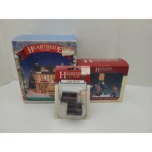 3 Piece Hearthside Village Lighted House Florist Shop Park Bench Waiting For Bus